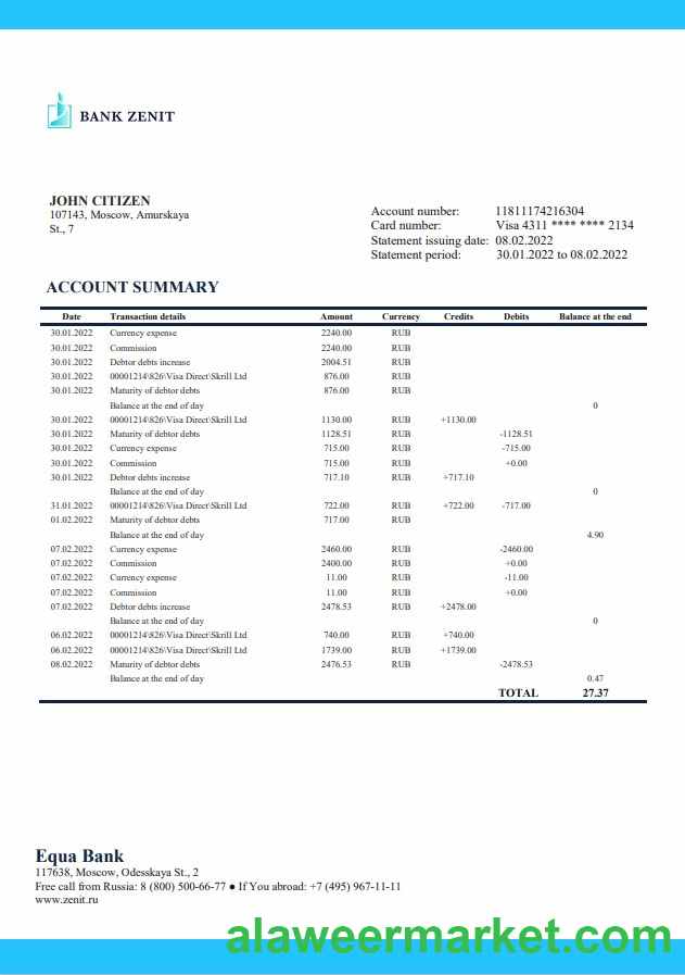 Russia Zenit Bank statement